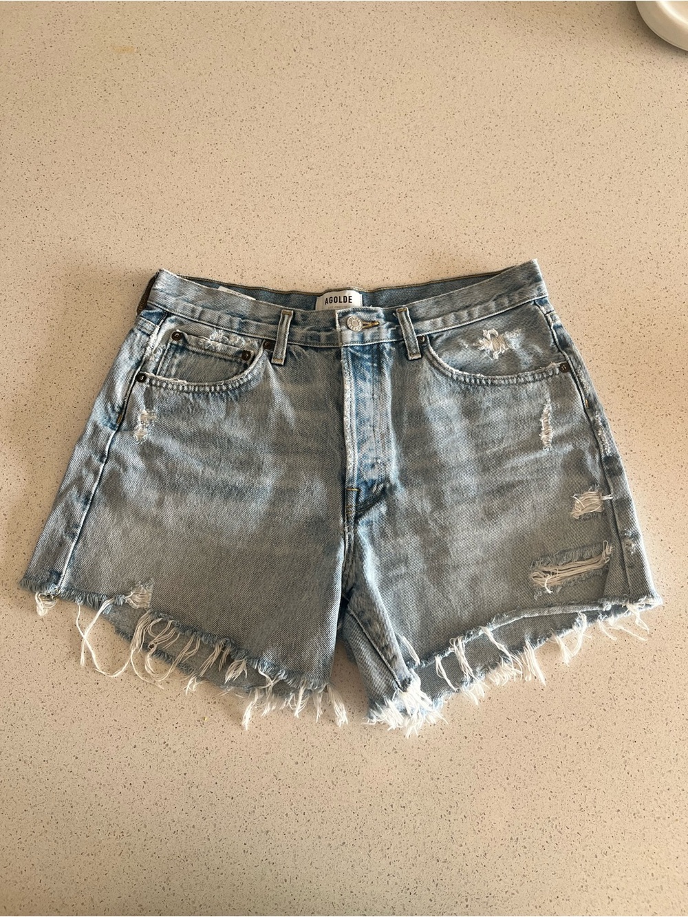 Agolde Parker Long Button Fly Distressed Light Denim Jean Shorts SZ 28